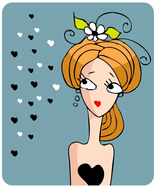 Dibujos animados mujer cara triste chica con flor y corazones doodley — Foto de Stock