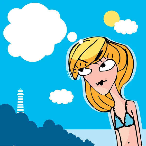 Sommer Strand Mädchen Karikatur Dooley denken oder reden — Stockfoto