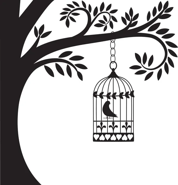 笼子里的鸟和树 — 图库矢量图片