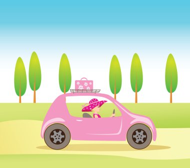 Cute vintage style girl driving a pink car clipart