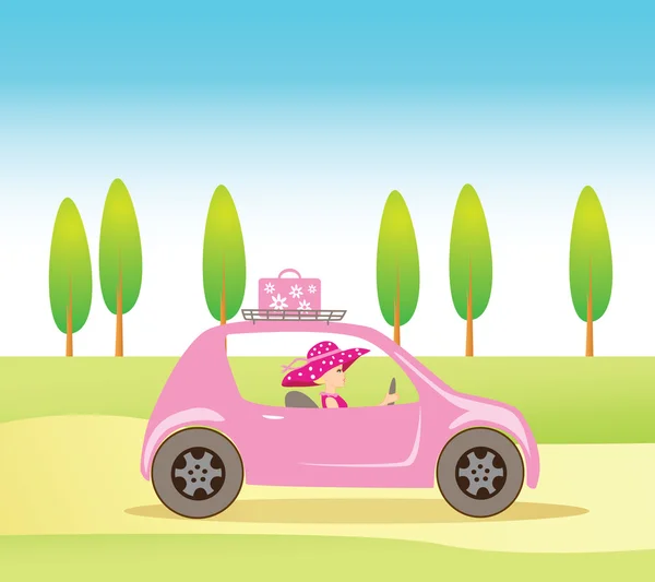 Cute vintage style girl driving a pink car — Stock Vector