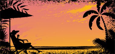 Girl on beach. Vector silhouette banner clipart