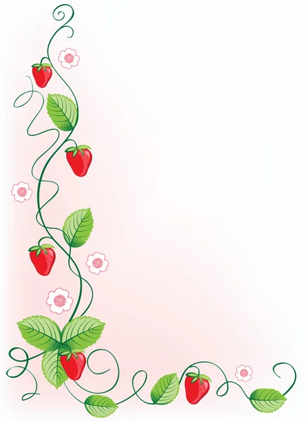 Fresas maduras y hojas verdes con flores — Vector de stock