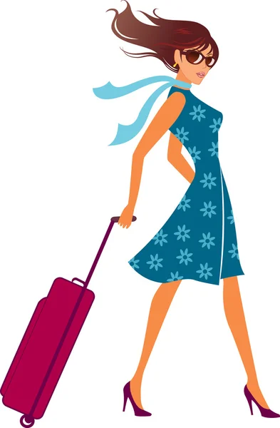 Mujer con una bolsa de equipaje. Bolsa de equipaje . — Vector de stock