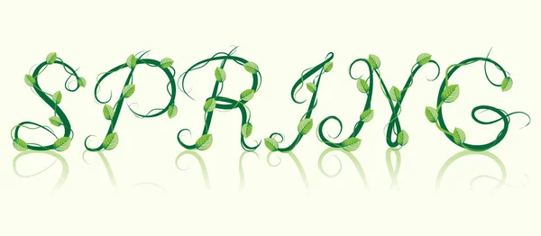 単語「春」。緑の葉と枝 — ストックベクタ