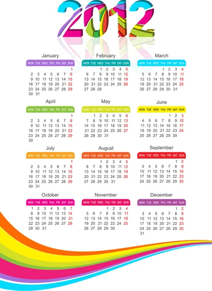Vertikaler Kalender für das Jahr 2012 mit Regenbogen — Stockvektor