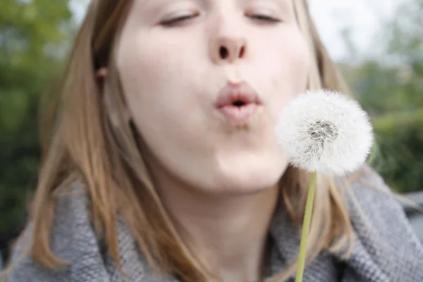 Girl blowing on white dandelion — Stock Photo, Image