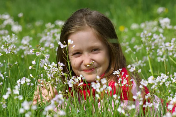 Menina criança em uma grama — Fotografia de Stock
