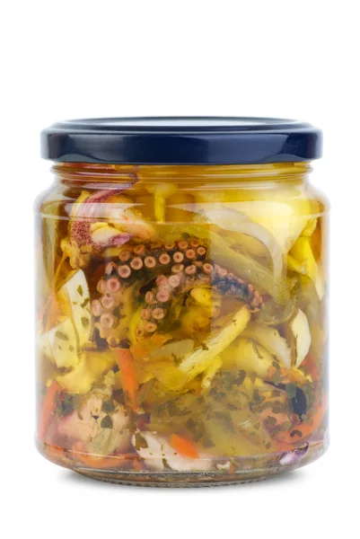 Seafood conserved in glass jar — Stock Photo, Image