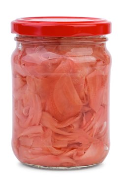 Sliced ginger root marinated in the glass jar clipart