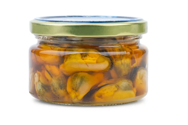 Glass jar with conserved mussels — Stock Photo, Image