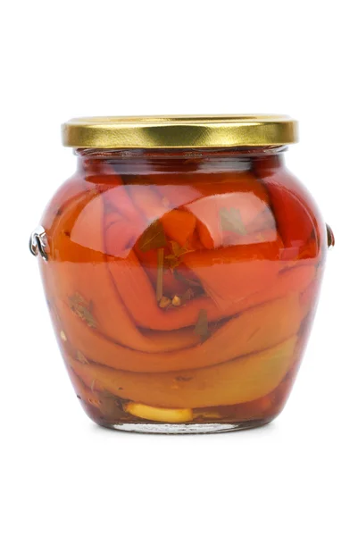 Glass jar with conserved red bell peppers — Stock Photo, Image