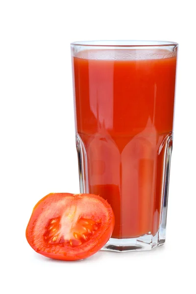 Drinking glass with tomato juice and ripe fresh tomato near — Stock Photo, Image