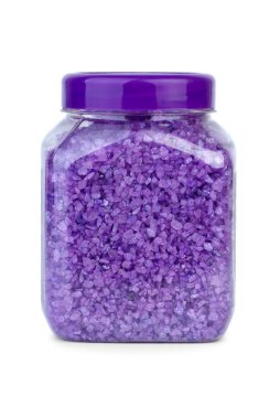 Bath ingredients: Jar filled with lavender sea salt clipart