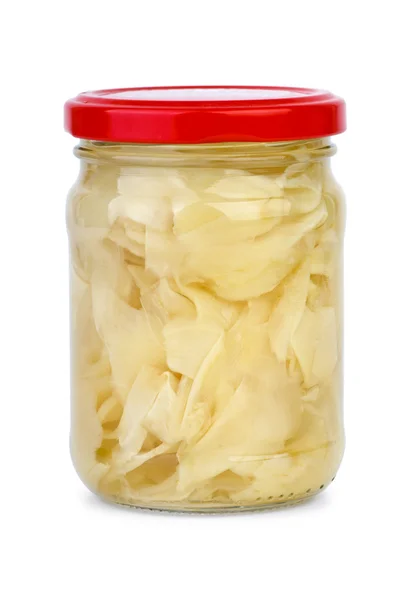 Sliced ginger root marinated in the glass jar — Stock Photo, Image