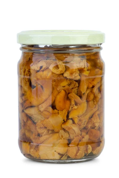 Chanterelle mushrooms marinated in the glass jar — Stock Photo, Image