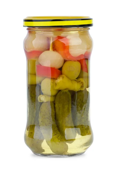Vegetables on skewer marinated in the glass jar — Stock Photo, Image