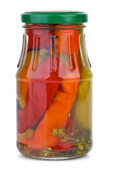 Chili peppers marinated in the glass jar — Stock Photo, Image