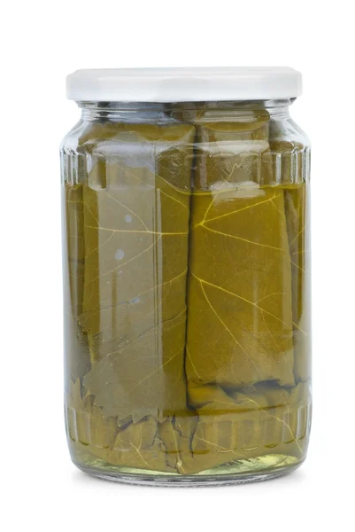 Dolma (sarma) ingrediënten: druif verlaat geconserveerde in het glazen pot — Stockfoto