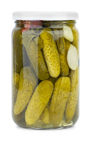 Glass jar with home-maded marinated cornichons — Stock Photo, Image
