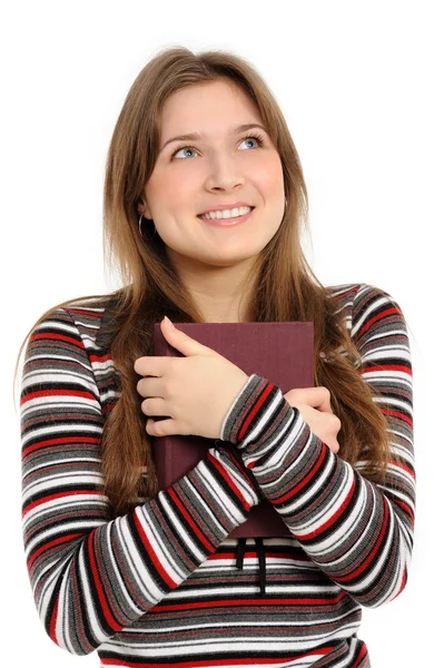 Student girl with books, thinks, — Stock Photo, Image