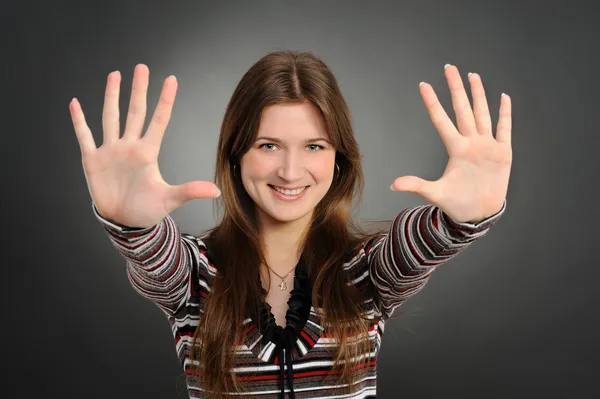 Woman wijzend op u met beide handen — Stockfoto