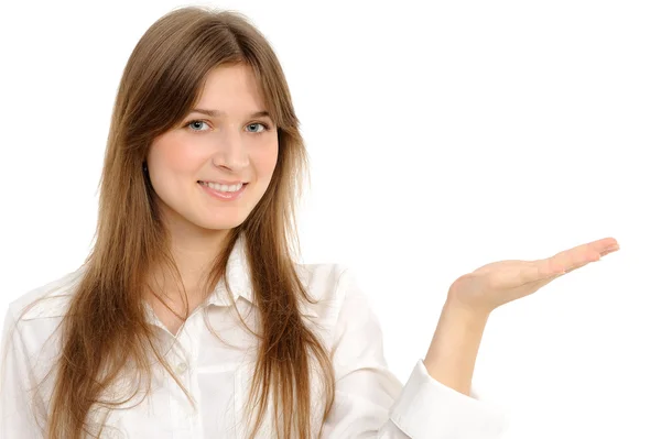 Kobieta trzyma rękę prezentacji produktu Obraz Stockowy