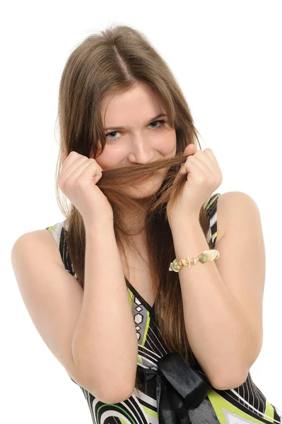 Chica con peinado poniendo extremo de la cola de trenza como bigote —  Fotos de Stock