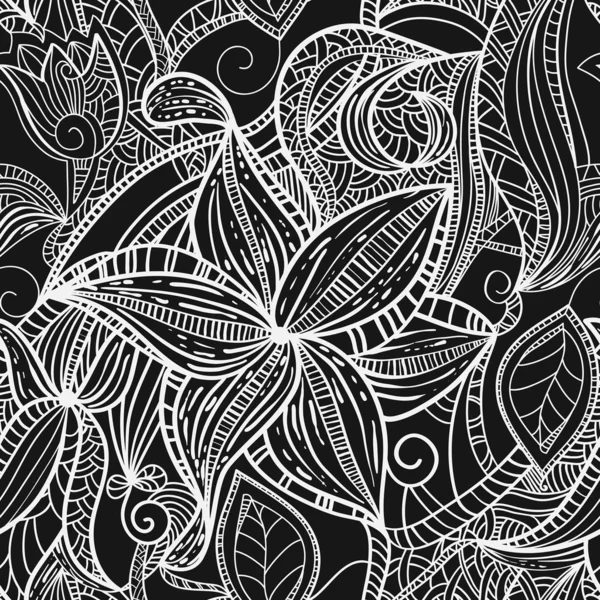 원활한 손으로 그려진된 흑백 꽃 패턴 — 스톡 벡터