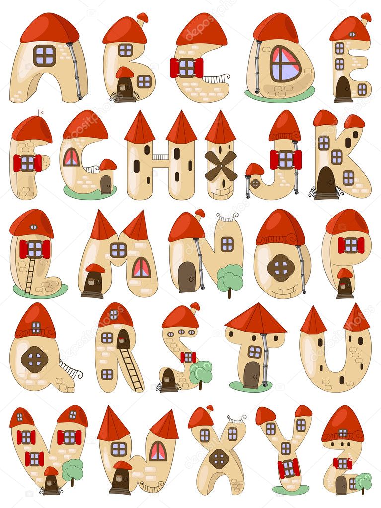 cartoon latin alphabet consists of houses