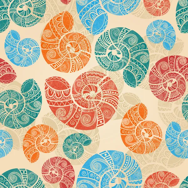Vector seamless background with bright snail shells with ethnic — Stock Vector