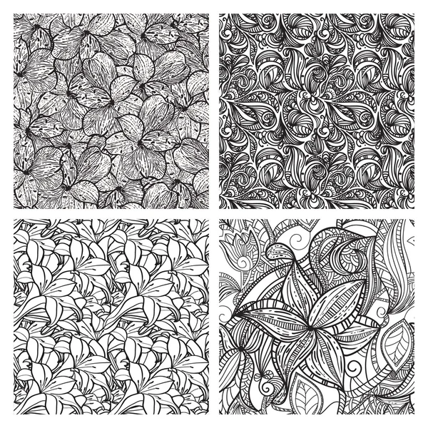 Four vector seamless floral monochrome patterns — Stock Vector