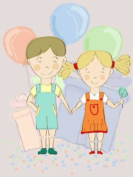 Vector boy and girl holding hands with balloons and presents at — Stock Vector