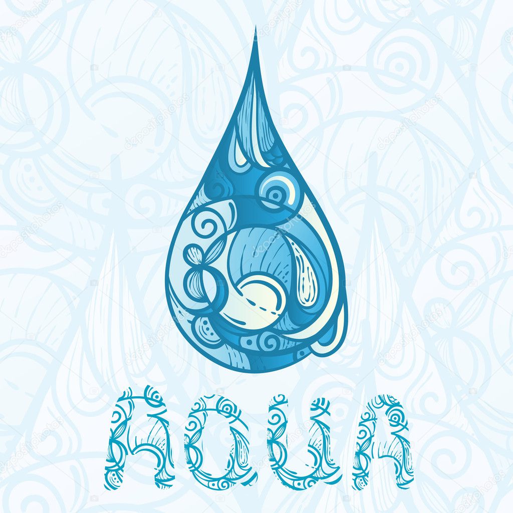 abstract hand drawn drop of water with aqua letters