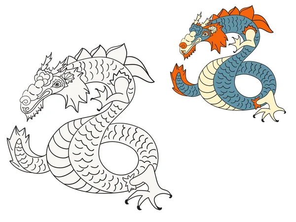 Страница раскраски векторного дракона с примером в цвете — стоковый вектор