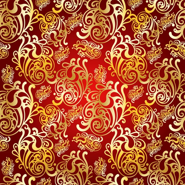 빨간색 배경에 벡터 원활한 황금 꽃 패턴 — 스톡 벡터