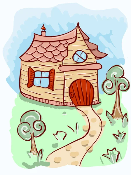 Vector de dibujos animados casa y árboles — Archivo Imágenes Vectoriales