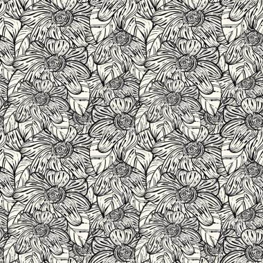 vector seamless monochrome pattern with abstract flowers clipart