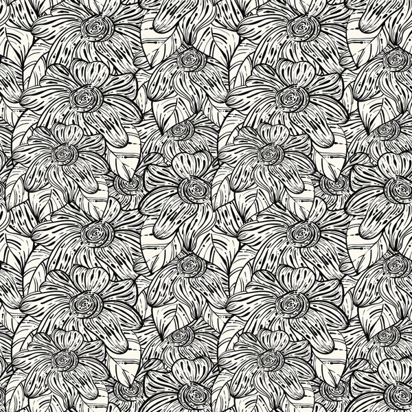 Vector naadloze zwart-wit patroon met abstracte bloemen — Stockvector