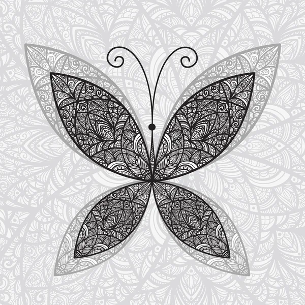 Vetor mão drawnabstract borboleta no fundo floral — Vetor de Stock