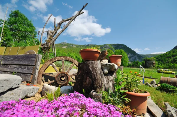 Jardim com bela decoração de flores — Fotografia de Stock
