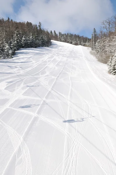 Трассы на лыжных трассах в прекрасный солнечный зимний день — стоковое фото