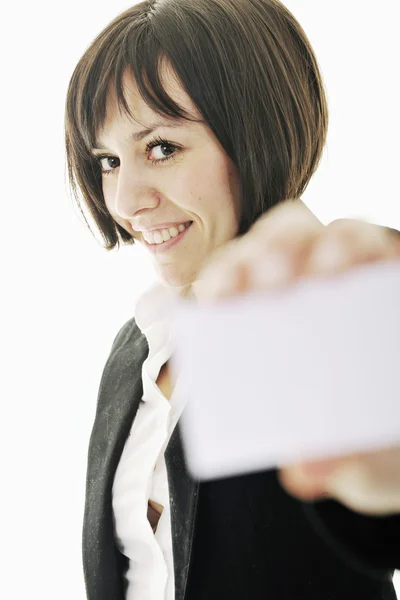 Genç iş kadını boş kartvizit görüntüleme — Stok fotoğraf