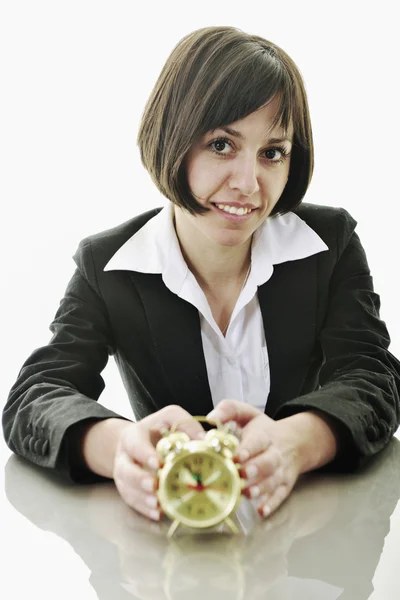 Zeitmanagement-Konzept mit Geschäftsfrau auf Weiß — Stockfoto
