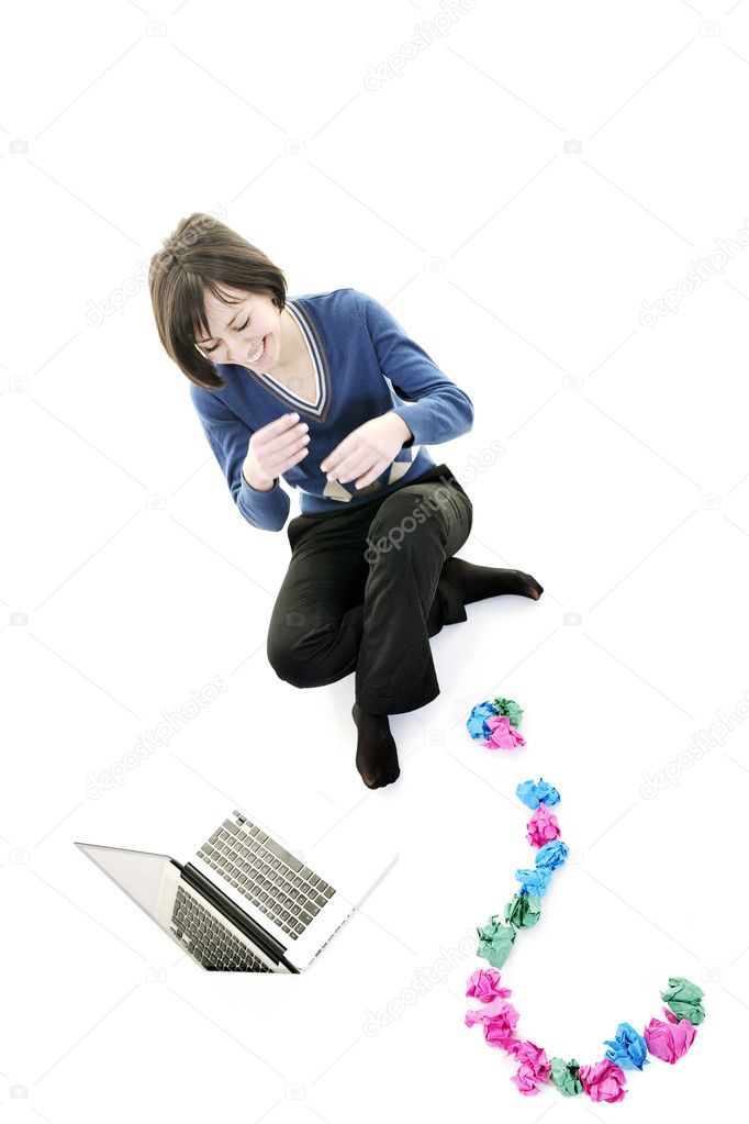Young woman isolated on white looking for solutions
