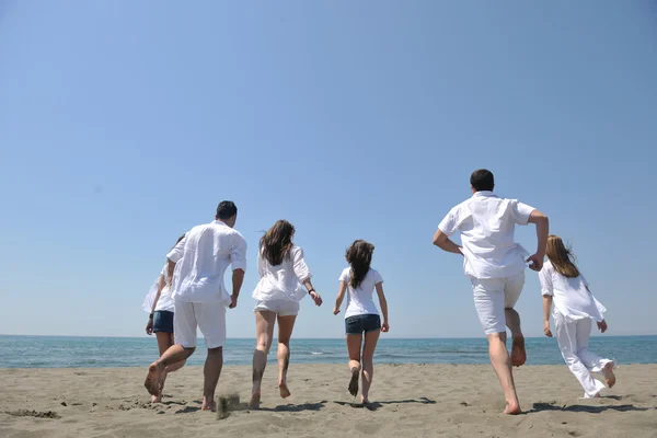 Mít šťastný skupina zábavné a běžící na pláži — Stock fotografie