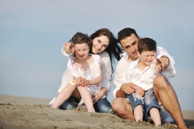 Mutlu genç aile sahilde eğleniyor.