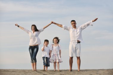 Mutlu genç aile sahilde eğleniyor.