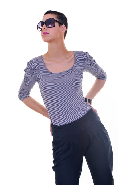 Brunette vrouwelijke model poseren geïsoleerd op witte achtergrond — Stockfoto