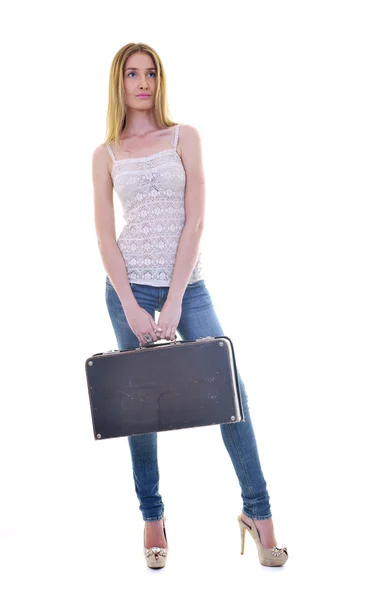 Блондинка с дорожной сумкой — стоковое фото